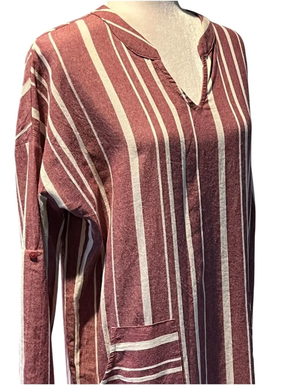 NWT entro Burgundy and Cream Stripe Maxi Capri Dress Roll Sleeves 100% Cotton S - Picture 6 of 15